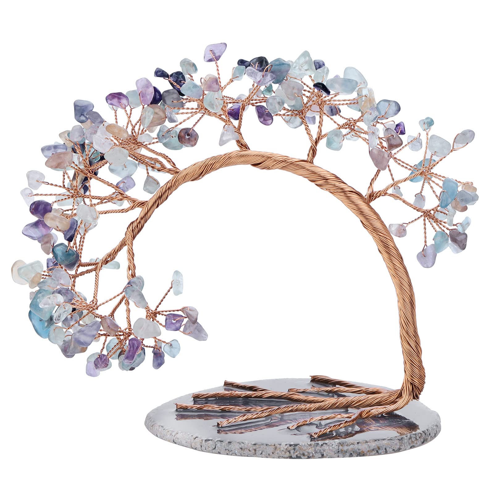 mookaitedecor Natural Fluorite Crystal Stone Money Tree with Agate Slice Base for Office Home Decor Wealth Luck, Semi Precious Healing Crystal Stone Feng Shui Tree Ornaments, Height 4.5-5.2"