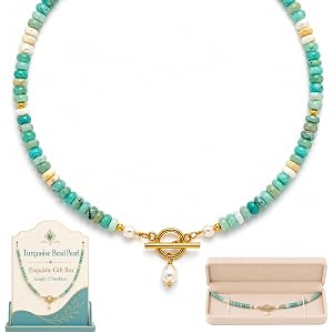 Turquoise Jewelry for Women, Natural Pearls Dainty Handmade Beaded Turquoise Necklace Exquisite Box Gift for Her