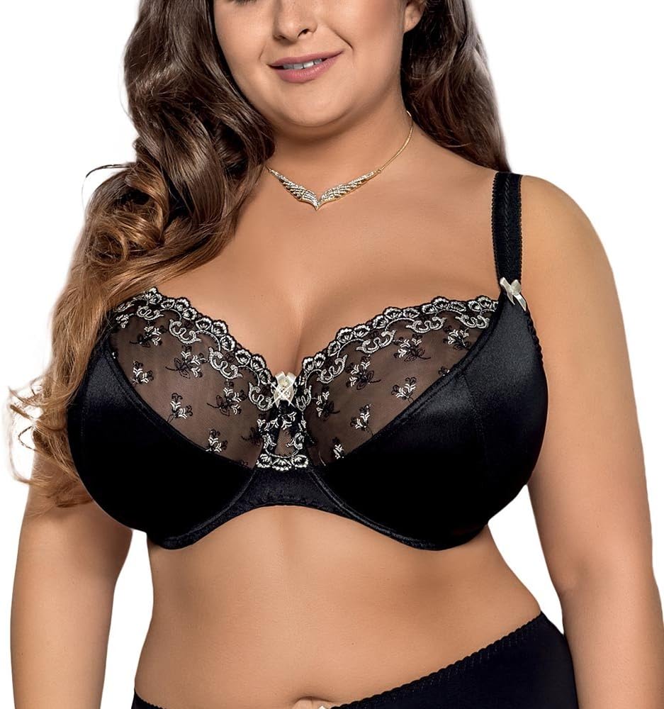 Gorsenia K213 Marlene Underwired Soft Non Padded Full Cup Embroidered Plus Size Bra Adjustable Removable Straps - Made in EU