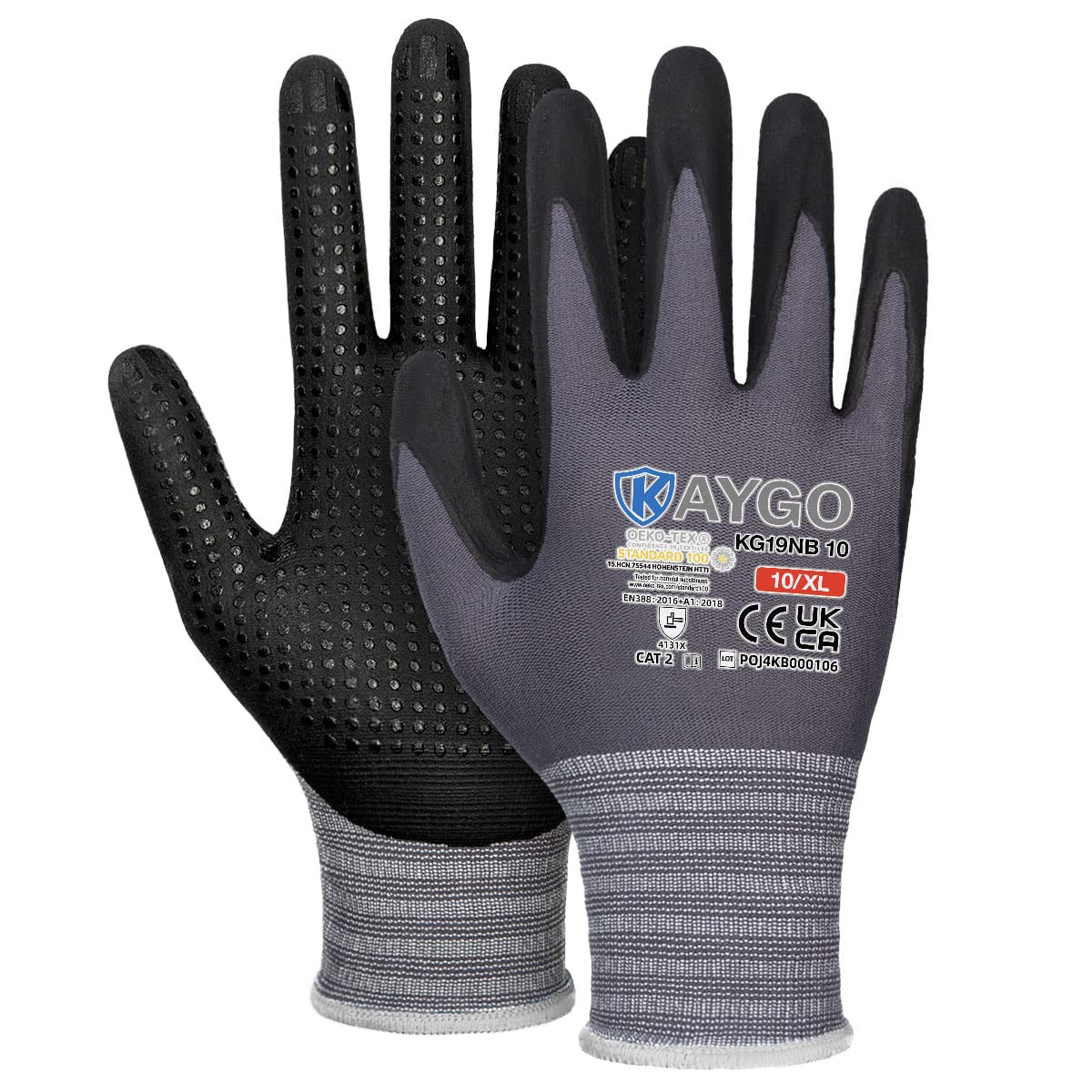 KAYGO Work Gloves with Grip Dots on Palm for Anti-Slip - 12 Pairs, KG19N, MicroFoam Nitrile Coated Light Oil Compatible, Seamless Knit Nylon Gripper Work Gloves for Warehouse, Automotive (Grey, XL) — image 1