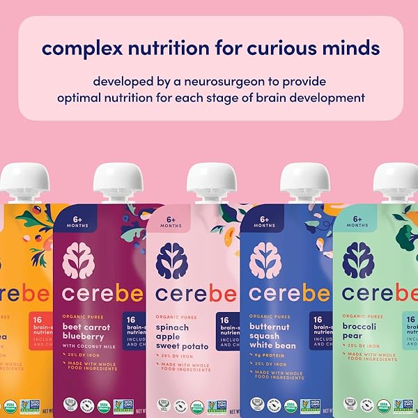CEREBELLY BABY FOOD POUCHES – ORGANIC VEGGIE PUREES FOR TODDLERS | NO ADDED SUGAR, FIBER, NON-GMO | BLENDED TODDLER POUCHES | 4 OUNCE BPA-FREE POUCH | SPINACH APPLE SWEET POTATO | 6 COUNT