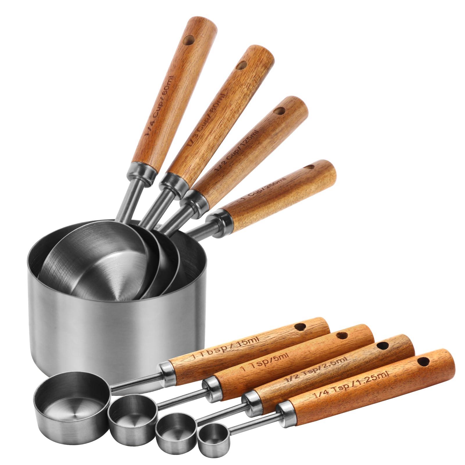 Photo 1 of ** MISSING PARTS ** Measuring Cups and Spoons Set?Measuring Cup Set with Wooden Handle and Metric and US Measurements?Silver Polished Finish?for Cooking and Baking in The Kitchen (8 Piece)