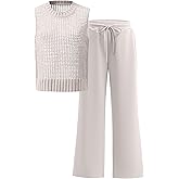 OUKODS Women Two Piece Outfits Crochet Sheer Knit Sweater Sleeveless Top Wide Leg Pants Lounge Matching Sets Travel Sweatsuit