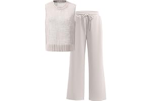 OUKODS Women Two Piece Outfits Crochet Sheer Knit Sweater Sleeveless Top Wide Leg Pants Lounge Matching Sets Travel Sweatsuit