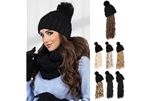 Flufymooz FLmaozi Beanie Wig, Hat Hair Extension Long Wavy Curly Black Hat Wig with Faux Fur Pom Hat, wig hat Attached 20 Inch Synthetic Hairpiece for Women Girls Winter （Brown with Medium Auburn）