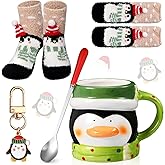 Sliner 4 Pcs Penguin Mug Gifts Set Include Christmas Coffee Mugs 17 oz with Red Spoons Funny Winter Fuzzy Socks Mini Penguin Keychains Hot Chocolate Cup for Women Men Xmas Holiday Birthday Gifts