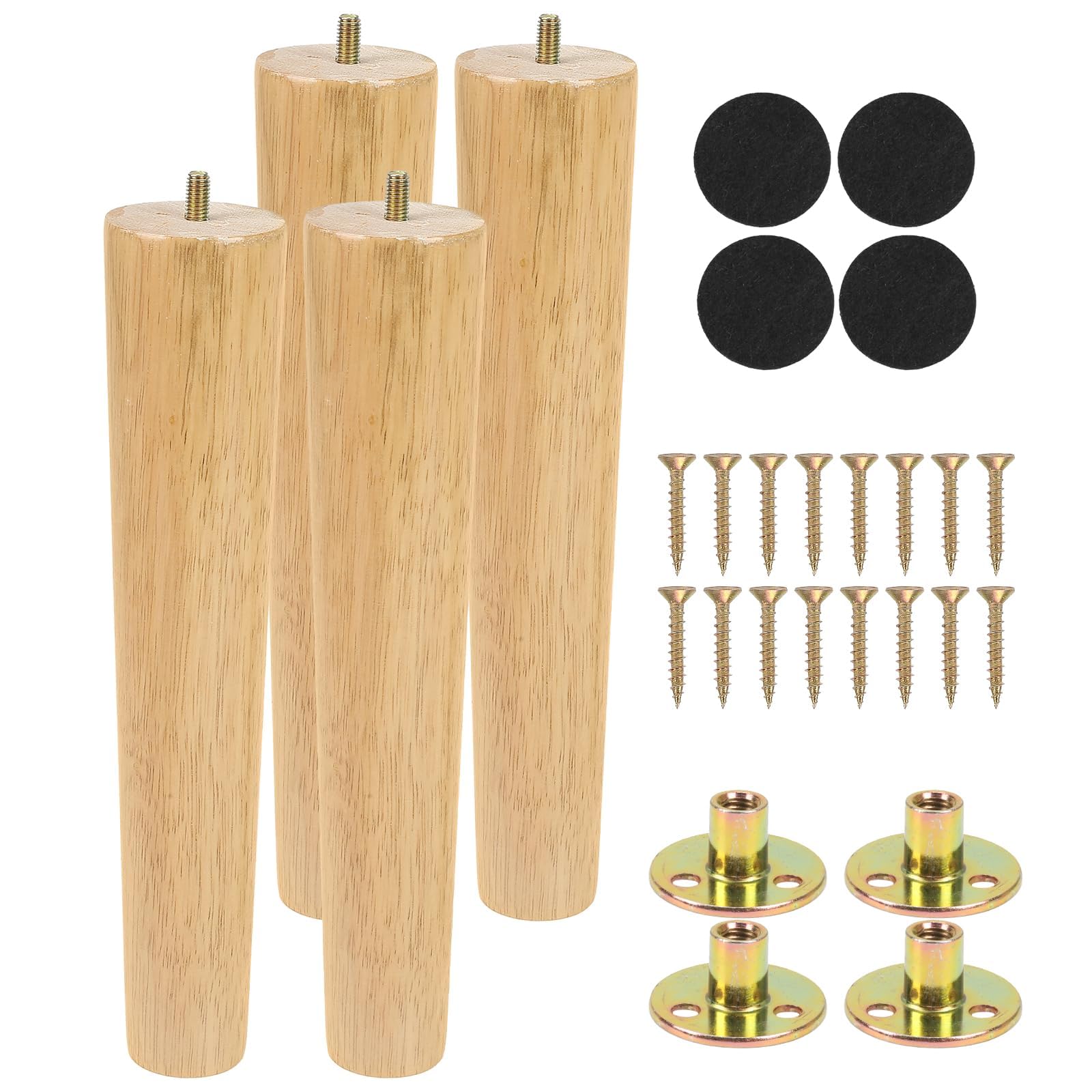 Luabue 12 inch Wooden Table Legs 30cm Chair Legs Furniture Feet Set of 4 Solid Rubber Wood Sofa Leg Replacement Bed Leg Dresser Feet with Non-Slip Floor Protection Pads and Screws