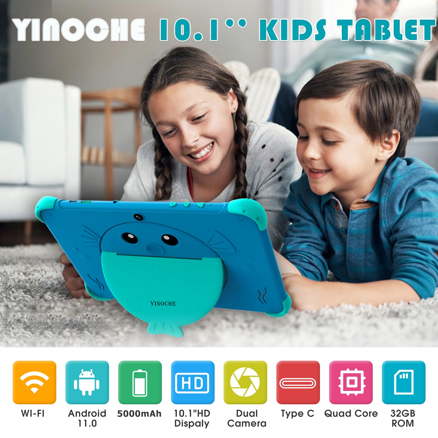YINOCHE Kids Tablet 10 inch Tablet for Kids 5G WiFi Toddler Tablets with Case Parental Control Dual Camera 32GB Kids Tablets Educational App Preloaded Support YouTube Neflix (Blue)