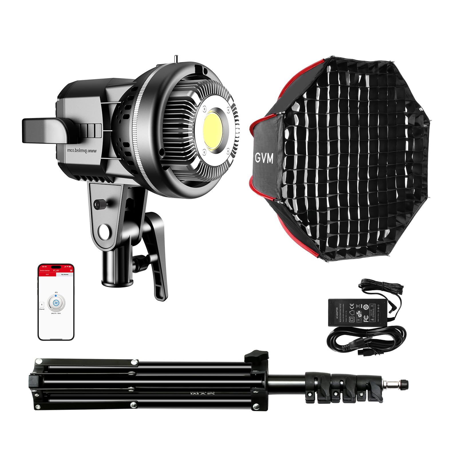 GVM 80W LED Video Light with Bowens Mount Kit, Continuous Output Lighting 5600K CRI97+ Dimmable LED Photography Lighting Kit, Studio Lighting for Camera Film Photographic Light with Stand