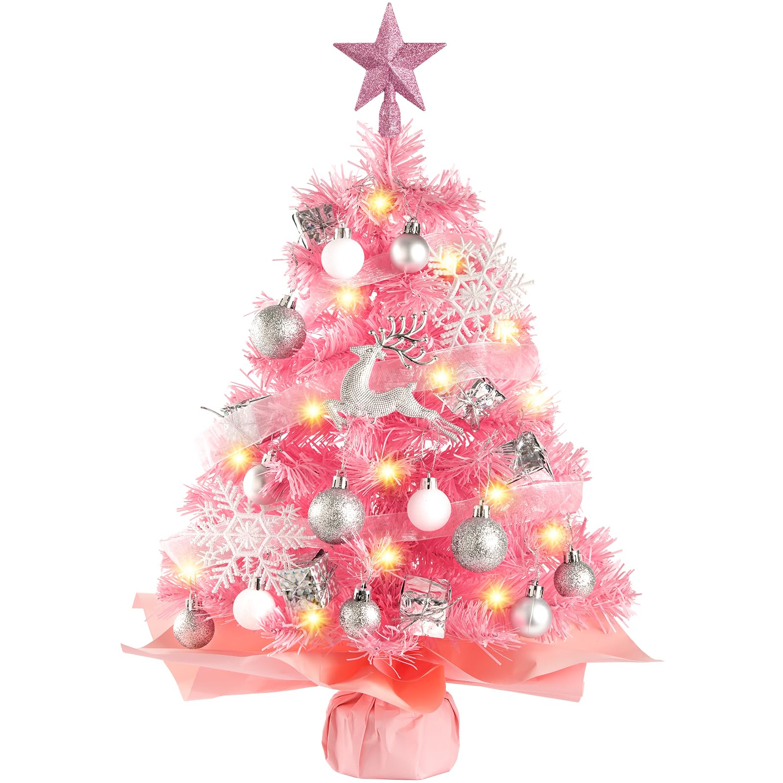 N&T NIETING Mini Christmas Tree with Lights, 61CM Table Top Tree with Star Ornaments, Artificial Xmas Tree for Home Office Desktop Party Indoor Christmas Decorations(Pink)