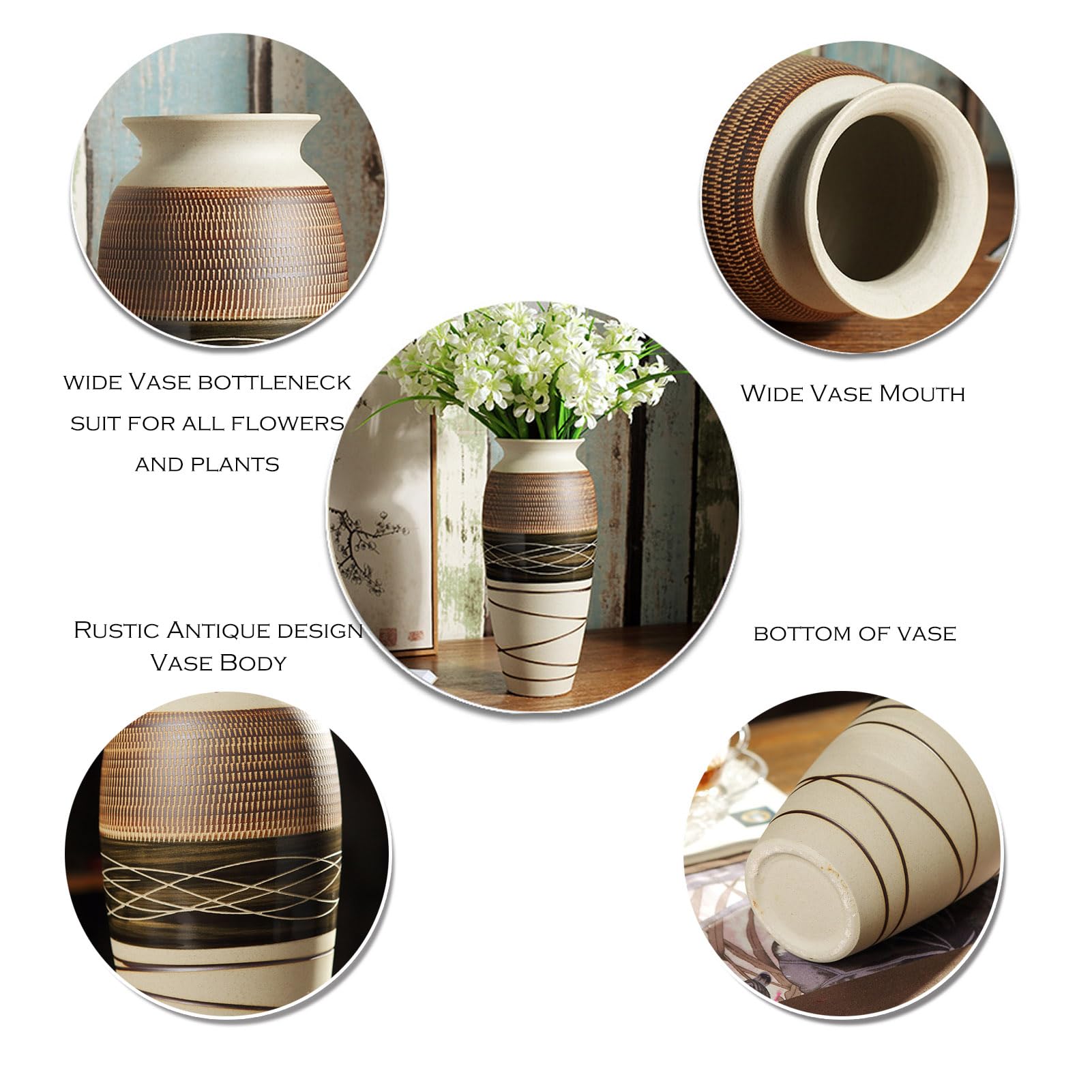 Ceramic Rustic Farmhouse Vase, 12.6" Large Vintage Flower Vase for Home Decor, Tall Boho Textured Vase for Living Room, Table, Mantel, Shelf and Centerpieces Decor and Housewarming - Image 7