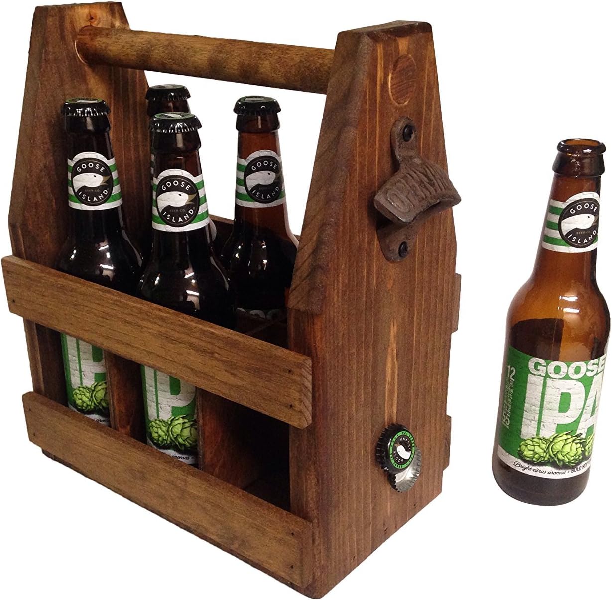 Handcrafted Wooden Beer Bottle Carrier w/Bottle Opener & Magnetic Cap Catch | Six-Pack Holder | Vintage Design | Father’s Day, Anniversary, Groomsman | Made in USA (Early American)