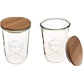 WECK Canning Jars 743-25.3 fl. oz Mold Jars - Eco-Friendly Canning Jar - Storage for Food, Yogurt with Air Tight Seal and Lid - 3/4 Liter Tall Jars Set - Set of (2 Jars with Wooden Lids)