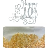 Happy 10th Anniversary Cake Topper, Double Sided Silver Glitter Cake Decoration Supplies for 10th Wedding Anniversary/Company Anniversary/Birthday Theme Party