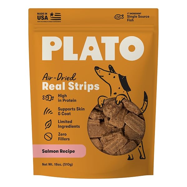 PLATO REAL STRIPS SALMON RECIPE DOG TREATS, AIR-DRIED...