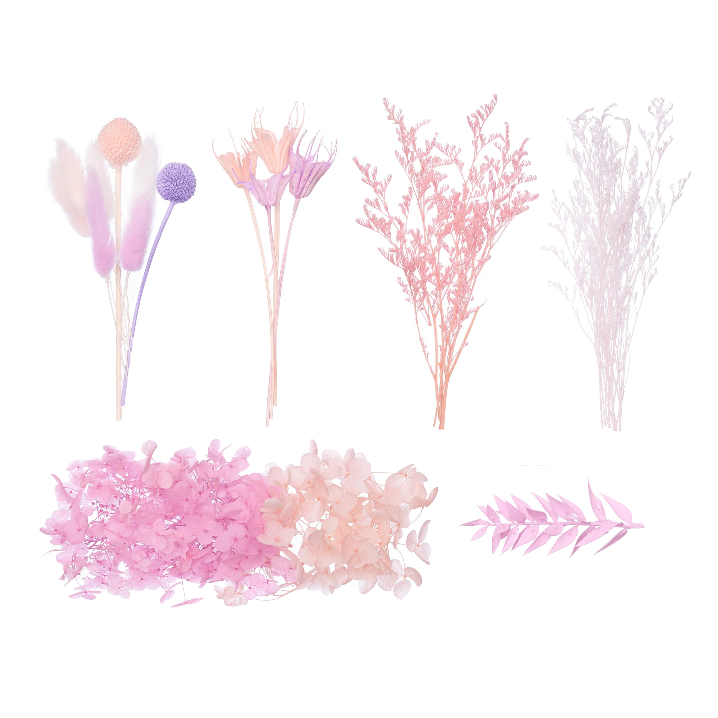 The Baked Studio - Deluxe Dried Flower Set Containing Hydrangea, Craspedia, Octagonal Flowers, Ruscus, Lagurus & Limonium (Pink, Lilac & White) — image 1