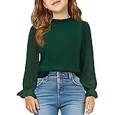 Haloumoning Girls Long Sleeve Shirts Chiffon Blouses Kids Cute Puff Sleeve Ruffle Mock Neck Casual Tops 5-14 Years