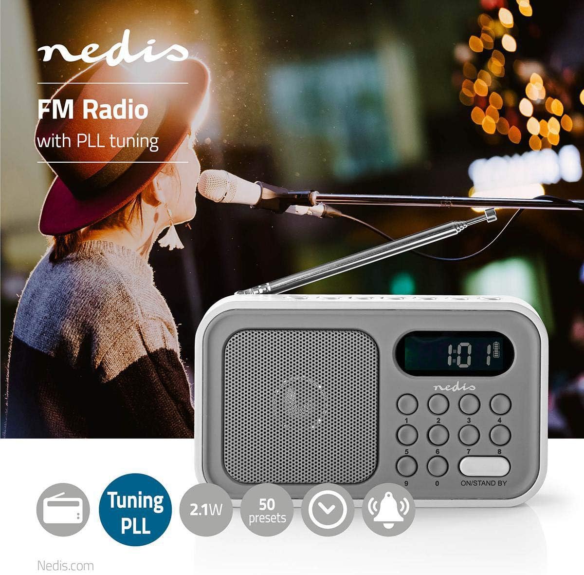 Nedis Radio Alarm Clock with 2.5h Play Time and Rechargeable Battery, FM Radio Receiver Portable with Headphones Output - Image 3