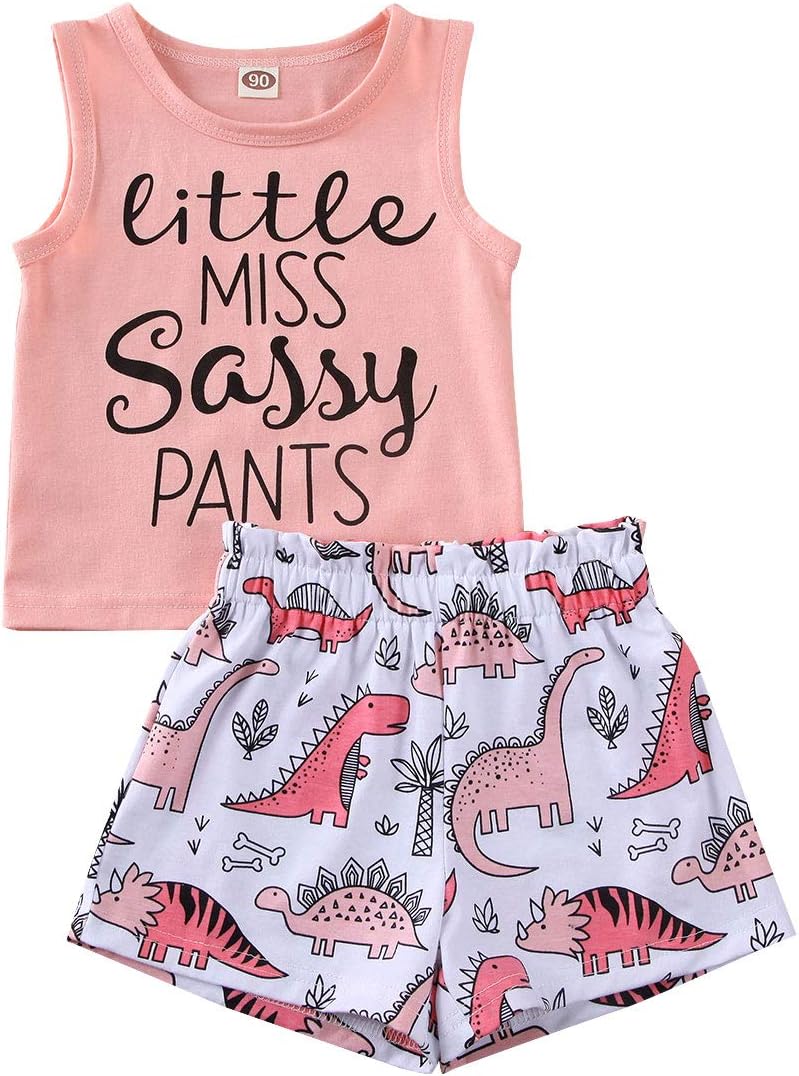 Toddler Baby Girls Summer Shorts Set Sassy Shirts Floral Tassel Pants 2pc Summer Clothes Outfits (Pink Top + Dinosaur Shorts, 4-5T)
