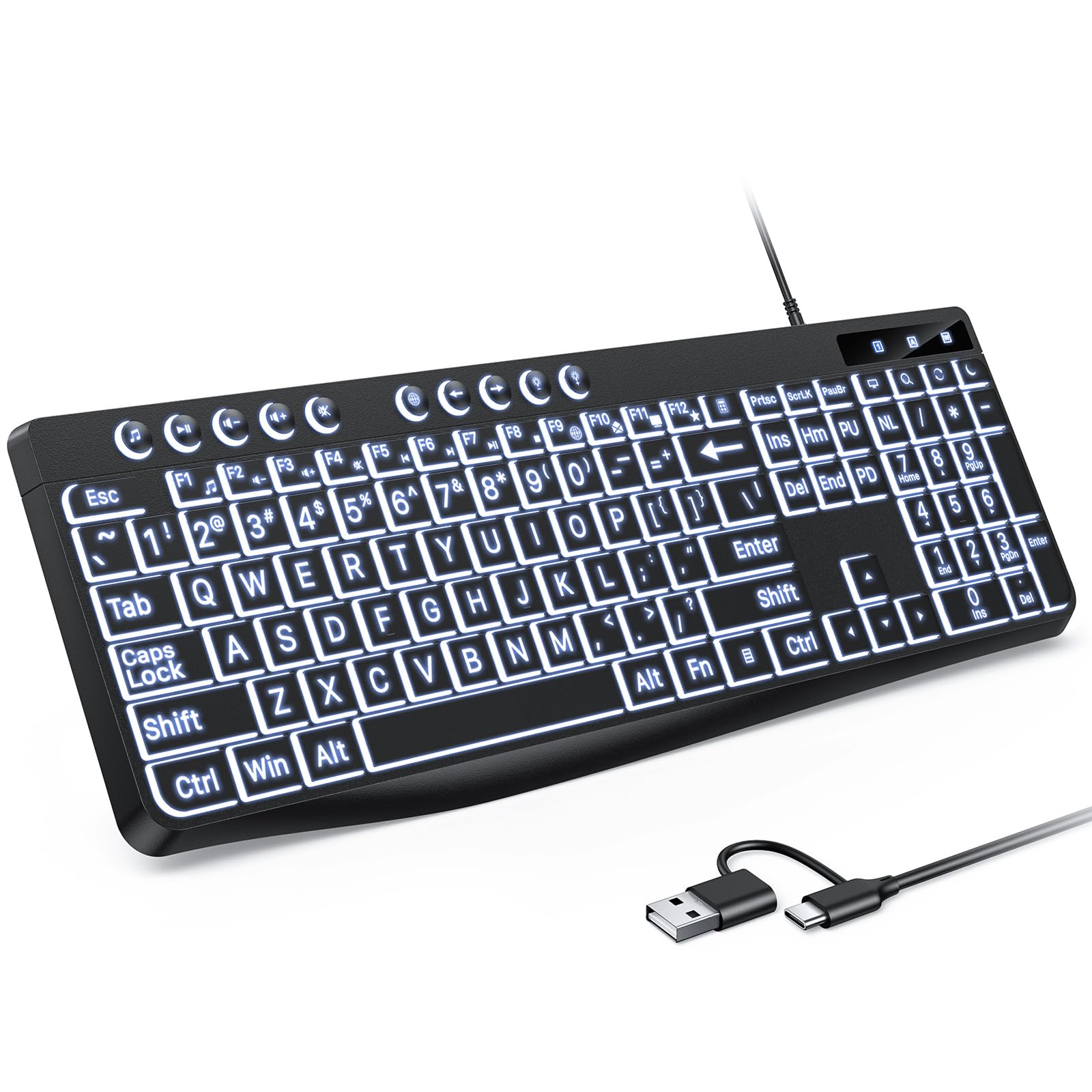 Photo 1 of OMOTON Large Print Backlit Keyboard with Type-C and USB A Dual Interface, Wired Computer Keyboard Oversize Font Key with White Backlight Easier to See and Type, Full Size for Windows, PC, Laptop