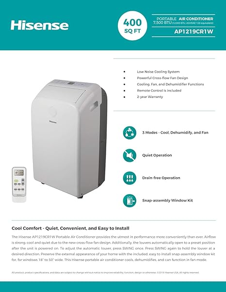 Amazon Com Hisense Ap1219cr1w 400 Sq Ft 115 Volt Portable Air Conditioner With Remote Home Kitchen