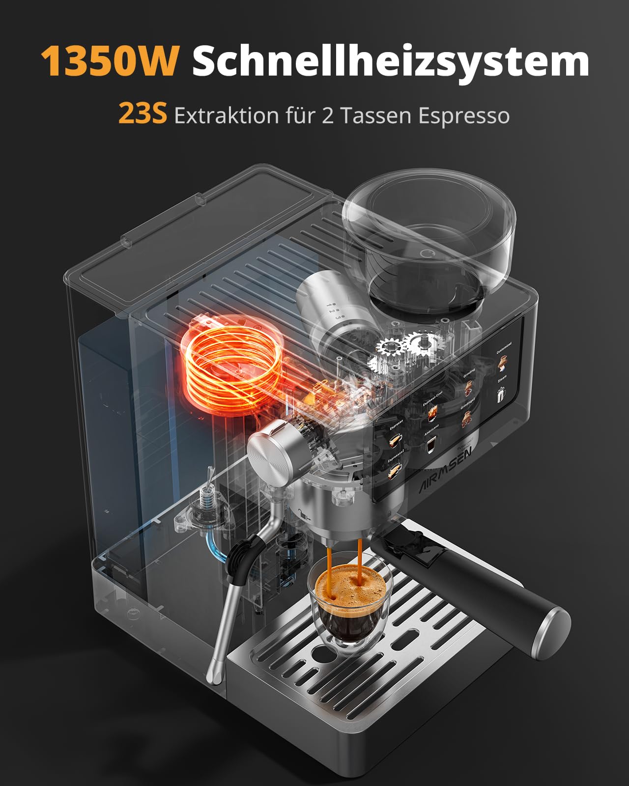 AIRMSEN 20 Bar Siebträgermaschine mit Kegelmahlwerk & Milchschäumer, 1.8L Wassertank, Edelstahl Espressomaschine Kaffeemaschine für Americano, Cappuccino und Latte 7