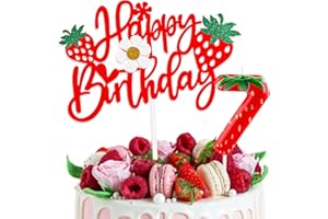 HONGPLUS Strawberry Cake Decorations with Happy Birthday Cake Toppers and Birthday Candles for 7 Years Old Girls, Strawberry 7th Birthday Party Decorations