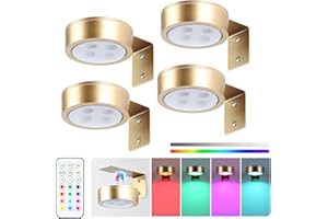 KELUOLY 4-Pack Picture Light Battery Operated Painting Lights, 13 Color RGB Magnetic LED Display Art Light with Remote, Dimmable and Timer Portrait Light for Art Frame Artworking, Wall Decor Puck Light, Gold