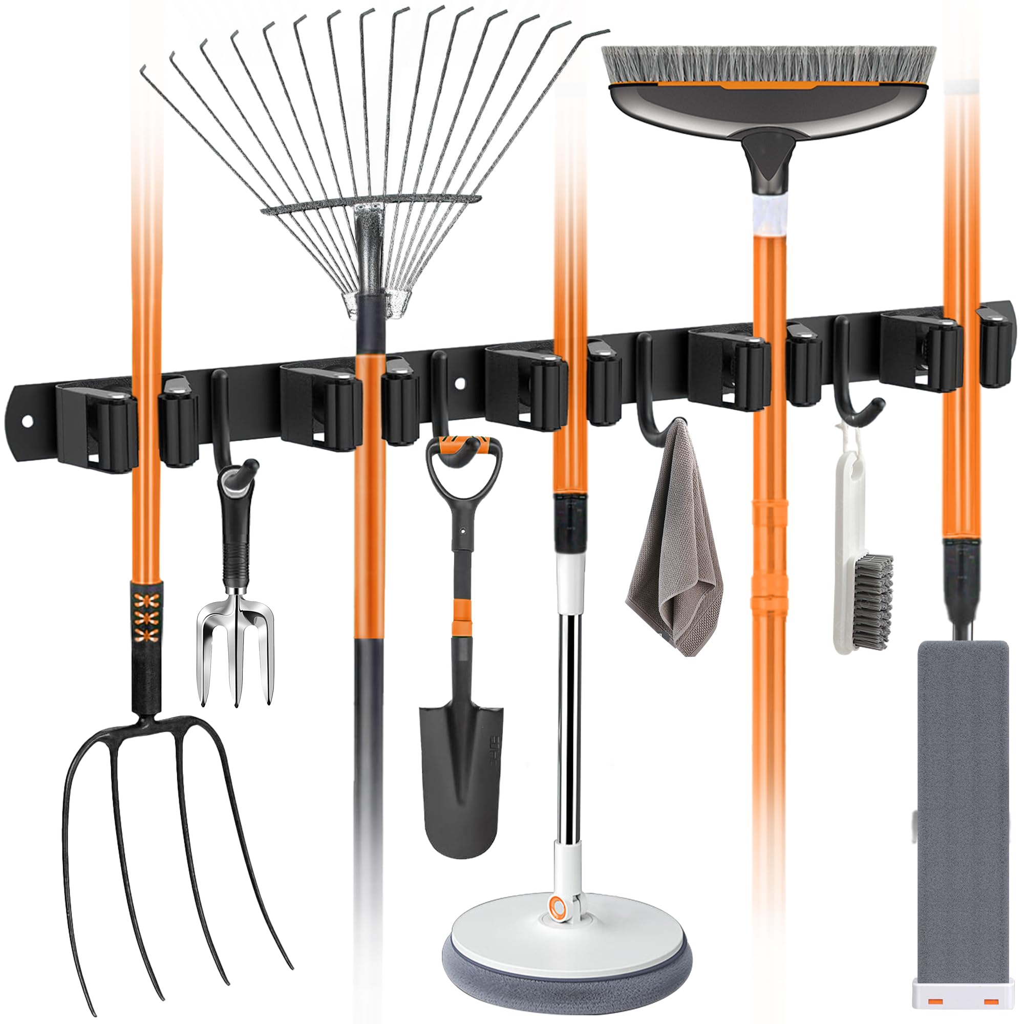 OMerima Broom Holder Wall Mounted, Stainless Steel Brush Holder - 5 Holders + 4 Hooks, Drill - Free Mop Holder Wall Mounted, Black Wall Broom Clips for Wall (1 Pieces)