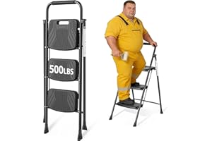 ARBUSB 3 Step Ladder, Folding Step Stool with Wide Anti-Slip Pedal and Handrail, Safe-Lock Design, Lightweight, 500lbs Load, Sturdy Steel Ladder, Black