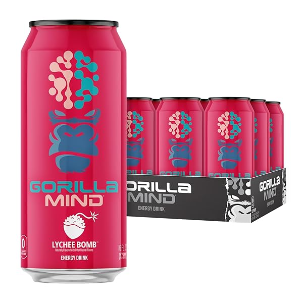 GORILLA MIND ENERGY DRINK | UNMATCHED ENERGY · AMPLIFIED FOCUS | N-ACETYL-L-TYROSINE, ALPHA-GPC, 200MG CAFFEINE, URIDINE, SAFFRON | 0 SUGAR OR ARTIFICIAL COLORS | 16OZ, 12-PACK (LYCHEE BOMB)