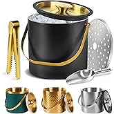 Ice Bucket, Ice Bucket with Silicone Sealing Ring Double-Wall Vacuum Insulation Champagne Buckets with Filter Layer Ice Tongs Ice Scoop (Black, 3 L)