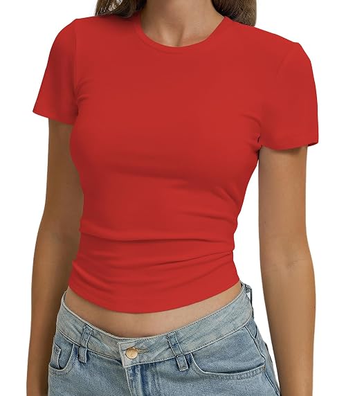 OYIGELZ Women's Basic T-Shirt Short Sleeve Crop Top Y2K Slim Fit Tops Casual Tee Shirts Streetwear(Red-T1,L)
