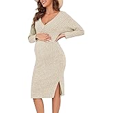 guruixu Wrap V Neck Maternity Sweater Dress Rib Knit Batwing Open Back Slit Pregnancy Dresses for Baby Shower Maternity Photoshoot Outfits Apricot
