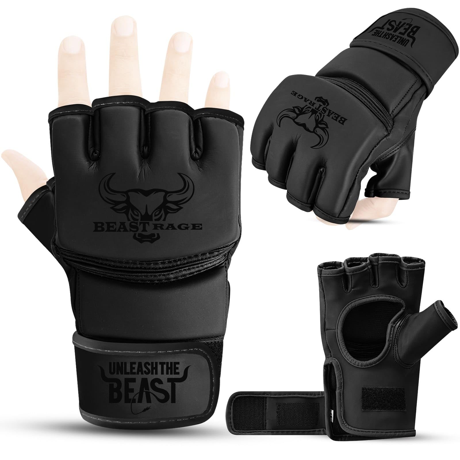 BEASTRAGE MMA Gloves for men and women,Martial Arts Mitts Grappling Sparring,Ventilated Palm, VEGAN Leather, Cage Fighting, Muay Thai, Kick Boxing, Punching Bag, Boxing, Kickboxing (Black, XL)