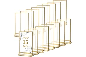Smarpau 16 Pack 4x6 Acrylic Sign Holder with Gold Frame Table Number Holders Clear Picture Frames Flyer Stands Tables Menu Holder for Restaurant