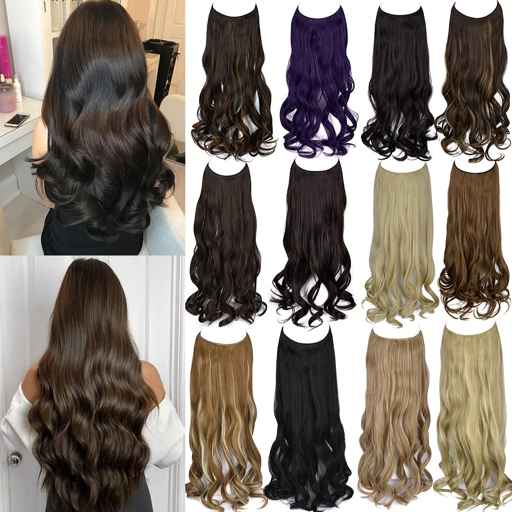 20 Inch Halo Hair Extensions with Invisible Transparent Wire Adjustable Size Removable Secure Clips in Curly Wavy Hidden Crown Secret Hairpiece for Women (Ginger Brown Mix Bleach Blonde)