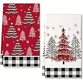 ARKENY Red Christmas Tree Kitchen Towels Set of 2,Black Buffalo Check Snowflake Star Xmas Dish Towels 18x26 Inch Drying Dishcloth,Farmhouse Nobel Home Decoration AD401