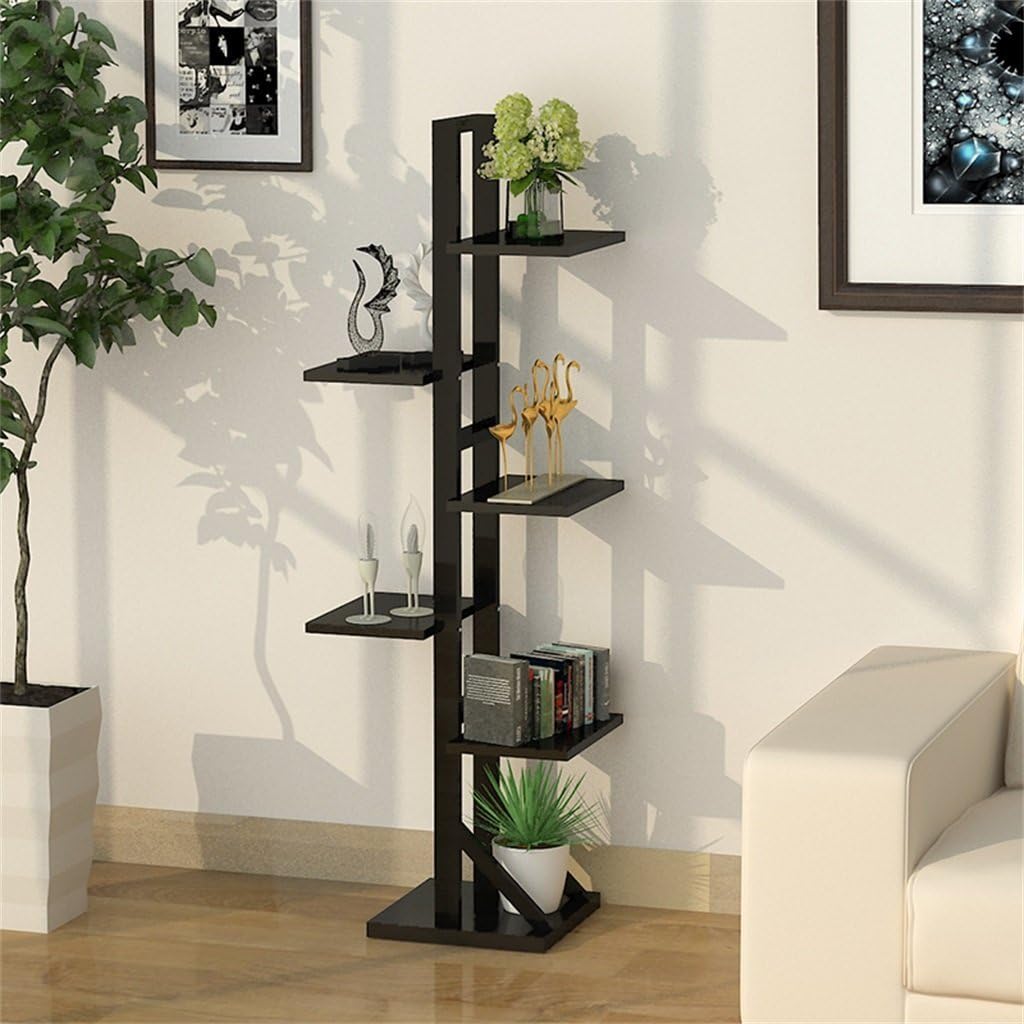 5 Tiers Stepped Flower Shelf Plant Stand, Wooden Flower Rack in Indoor Outdoor as Storage Rack for Flowers Plants, Black Metal Iron Flower Shelf in Garden Patio Balcony Living Room, Multi-layer Standing Rack Bonsai Display Stand Flower Pot Corner Shelf (44×30×130cm) ( Color : #1 )