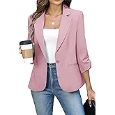 ELLEVEN Women's Ruched 3/4 Sleeve Blazers, Lightweight Slim Fit Jackets with Padded Shoulder for Business Casual