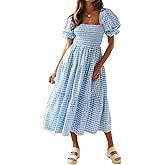 R.Vivimos Summer Boho Plaid Midi Dresses for Women 2026 Puff Sleeve Square Neck Casual Smocked Ruffle Tiered Flowy Dresses