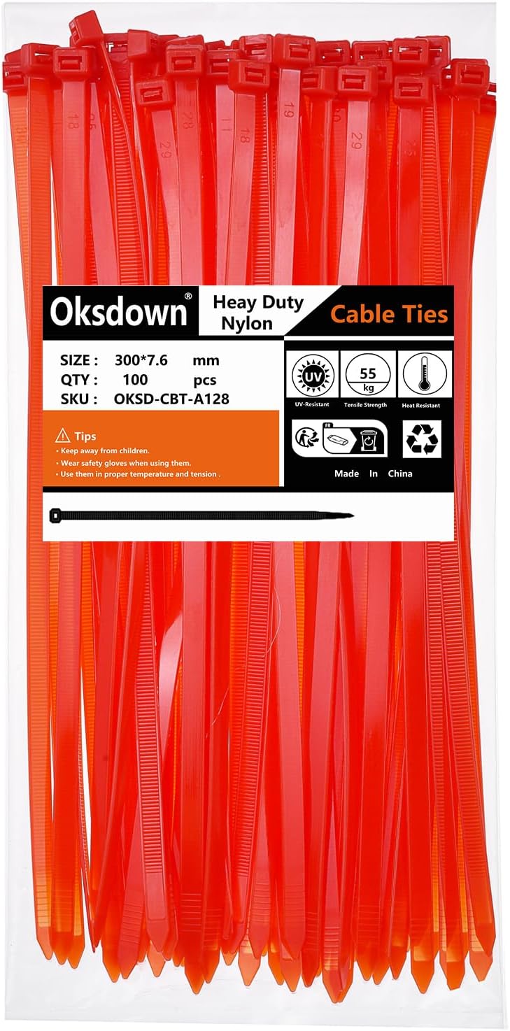 Oksdown 100 Pack Red Thick Cable Ties 300mm 7.6mm Heavy Duty Self Locking
