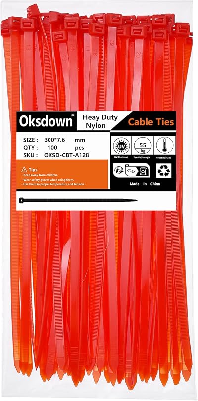 Oksdown 100 Pack Red Thick Cable Ties 300mm 7.6mm Heavy Duty Self Locking