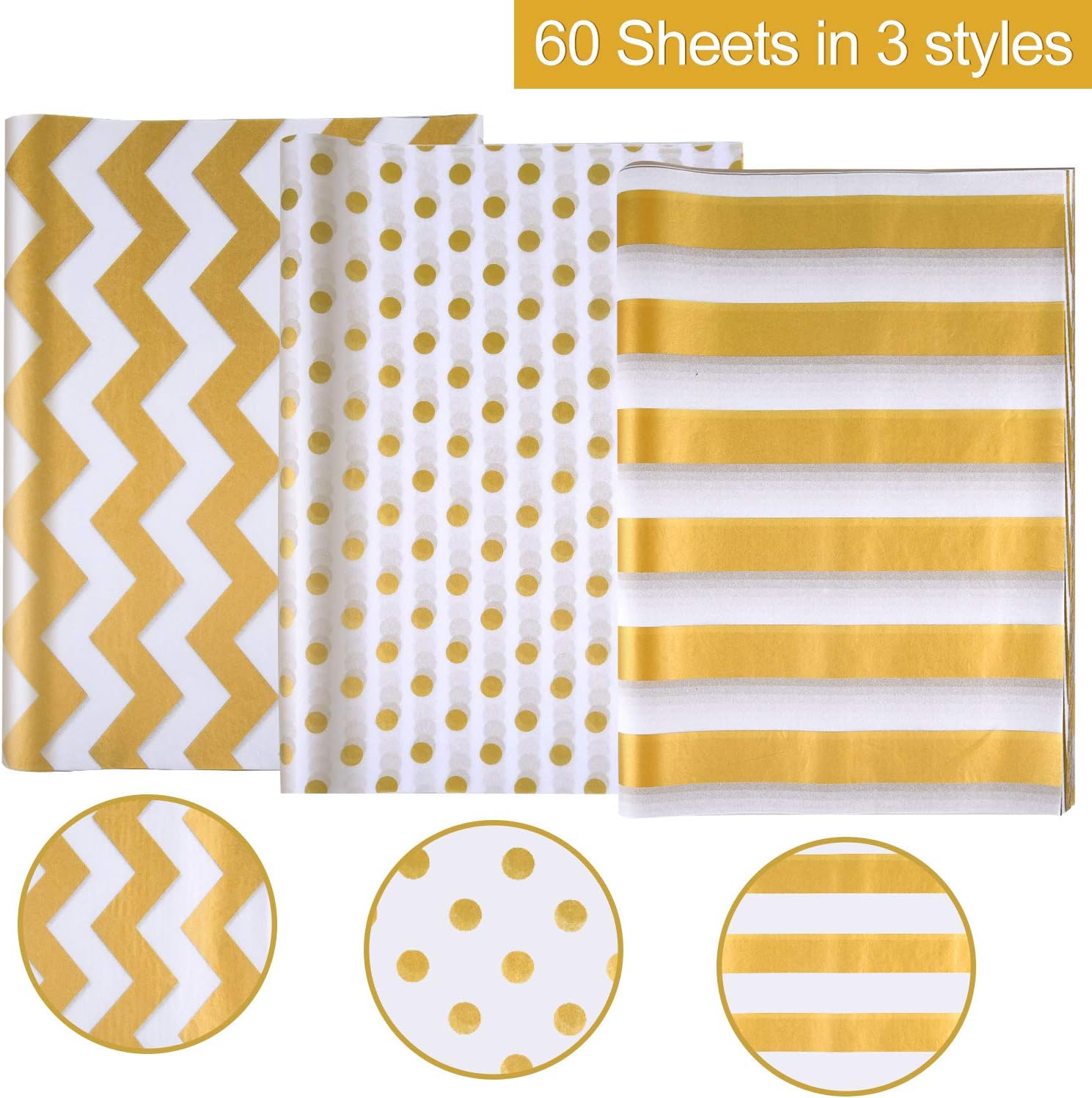 MIAHART 60 Pcs Gold White Tissue Paper Bulk 3 Style Decorative Metallic Wrapping Paper for Gift Bags Birthday Christmas Party Decoration - Image 4