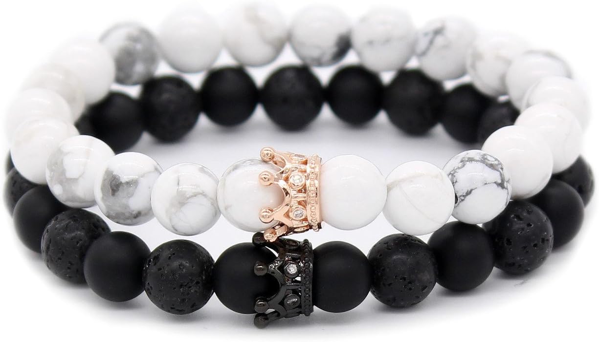 POSHFEEL Couple Black Matte Agate & White Howlite CZ Crown Queen 8mm Beads Bracelet, 7.5"