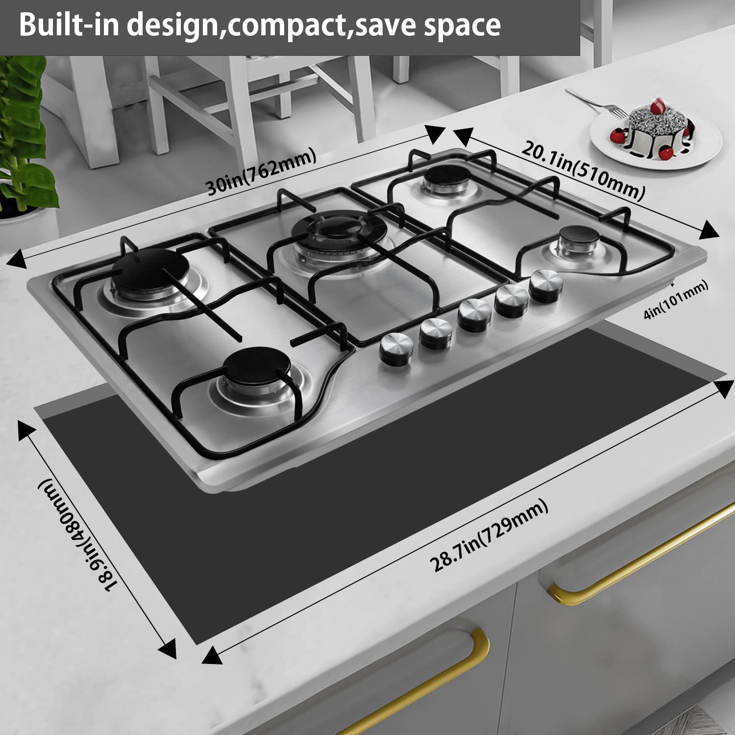 Karinear Gas Stove Cooktop 30 Inch 5 Burners, Built-in Stainless Steel Gas Hob, NG/LPG Dual Fuel Stovetop with Thermocouple Protection for Apartments, Indoor (Come with Pressure Regulator)