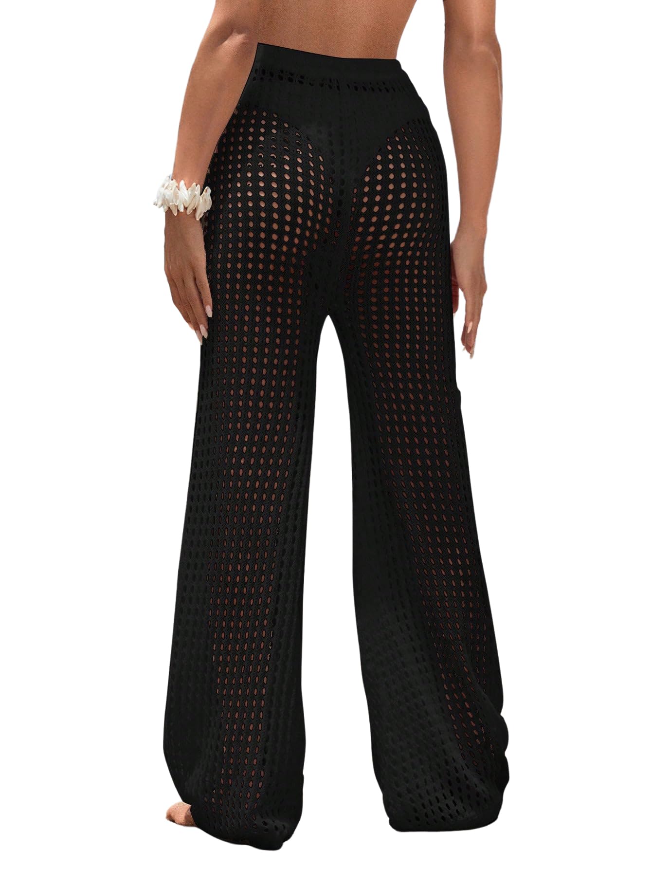 RoseSeek Women's Cover Up Beach Pants Hollow Out Drawstring High ...