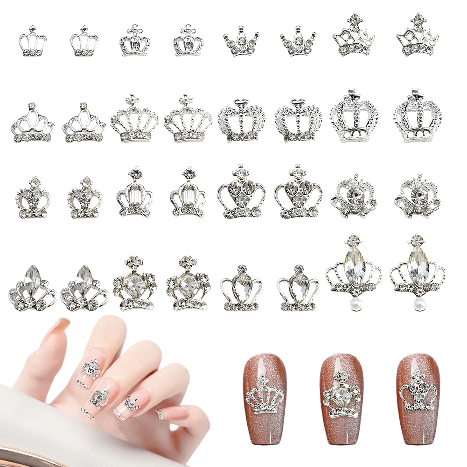Crown Nail Charms, 30 Pcs Silver Nail Art Charms 3D Nail Rhinestones and Gems Alloy Nail Decorations for DIY Nail Supplies Jewelry Making (Silver)