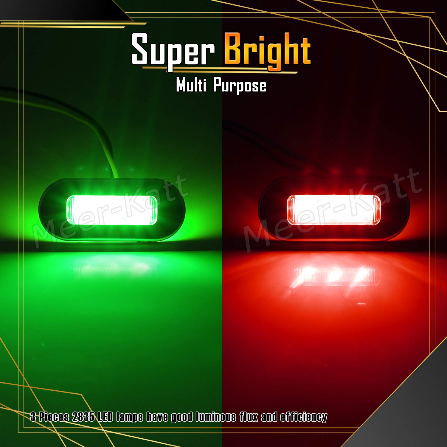 Meerkatt (Pack of 10) 3 Inch Oblong Amber LED Marine Courtesy Light Sealed Flush Mount Clearance Lamp for Yacht Stair Deck Garden Boat RV Cabin Truck Waterproof 12V DC with Chrome Stainless Bezel UV12