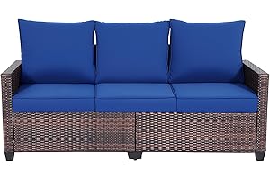 EORTHEX OUTDOOR FANCY EortheX Outdoor Patio Sofa, 3-Seat Rattan Wicker Couch for Garden Deck or Porch, Comfortable All-Weather Patio Furniture with Anti-Slip Cushions (Blue)